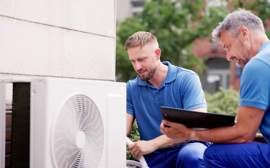 Two technians installing a residential HVAC unit
