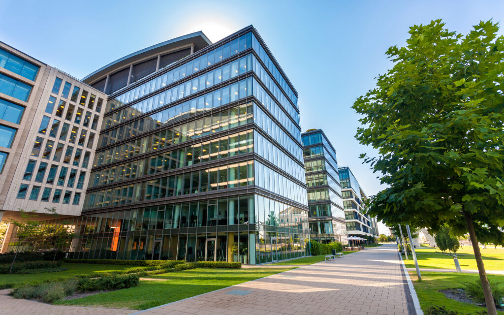 Walkway in front of office buildings