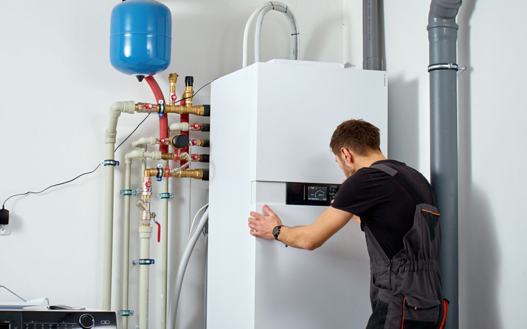 Teechnician adjusting settings on residential boiler