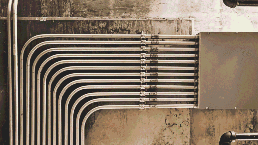 rows of pipes in boiler room