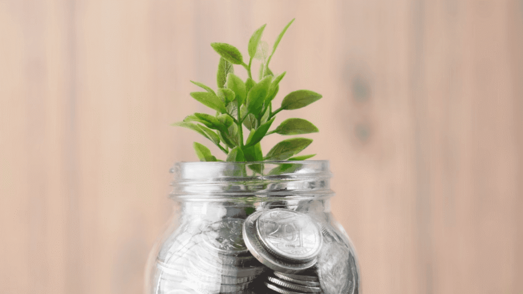 plastic plant inside of a mason jar with coins inside